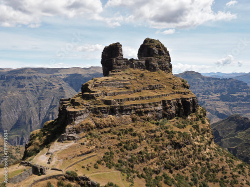 Waqrapukara or Waqra Pukara (horn fortress) is an archaeological site in Peru located in the Cusco Region. At 4,300 metres above sea level, It was built by the Canchis and later conquered by Incas. photo