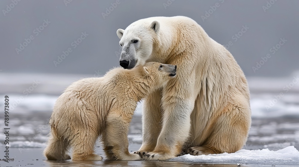 Polar bear with a polar bear cub on an ice floe in the ocean, global warming and climate change concept, banner Polar bear with a polar bear cub on an ice floe in the ocean, global warming and climate change concept, banner