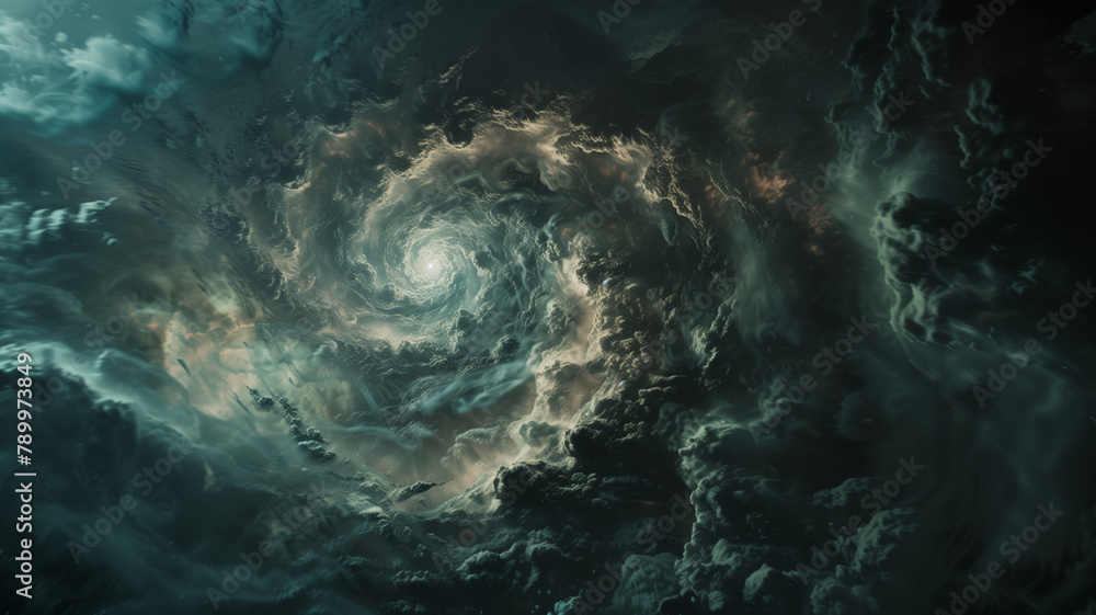 View of the hurricane from the inside. A swirling mass of clouds in the sky. The clouds are dark and ominous, giving the impression of an impending storm View of the hurricane from the inside. A swirling mass of clouds in the sky. The clouds are dark and ominous, giving the impression of an impending storm