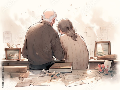A simple sketch of an elderly couple reminiscing over photo albums, sepia and grays, white background