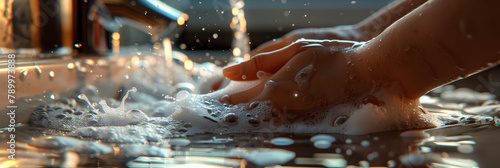 
Water pouring on hand in morning ligth background ,A Person Thoroughly Cleansing Their Hands With Soap And Water,Fresh and clean a closeup of hands being washed with foamy soap promoting hygiene.
 photo