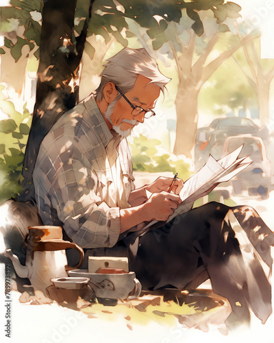 A sketch of an elderly man reading in a park,, serene greens and browns, light watercolor, white background