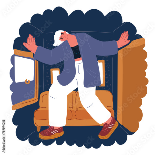 Cartoon vector illustration of back pain from a bad position in the office. Cramped house room. Small uncomfortable place