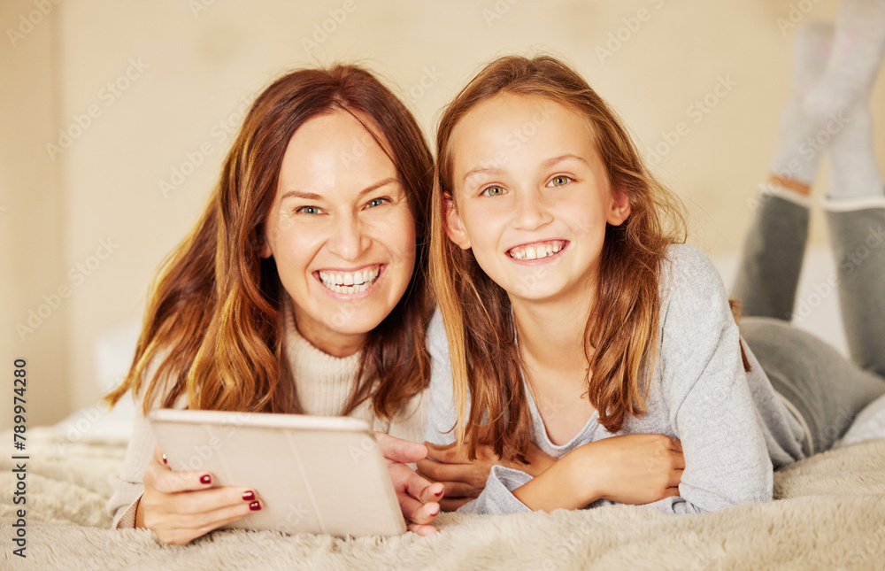 Mother, girl and tablet for portrait on bed, internet and social media for meme or online joke. Mama, daughter and relax in home for bonding and love, family and streaming comedy movie or series Mother, girl and tablet for portrait on bed, internet and social media for meme or online joke. Mama, daughter and relax in home for bonding and love, family and streaming comedy movie or series
