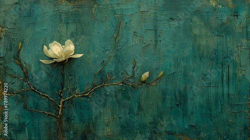  A tree branch bears a white flower against a blue backdrop Behind it, a green wall is visible