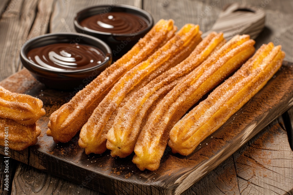 Churros with chocolate sauce on a wooden background Churros with chocolate sauce on a wooden background