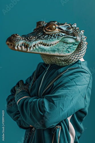 crocodile in a tracksuit on a blue background. business style. businessman. generative ai