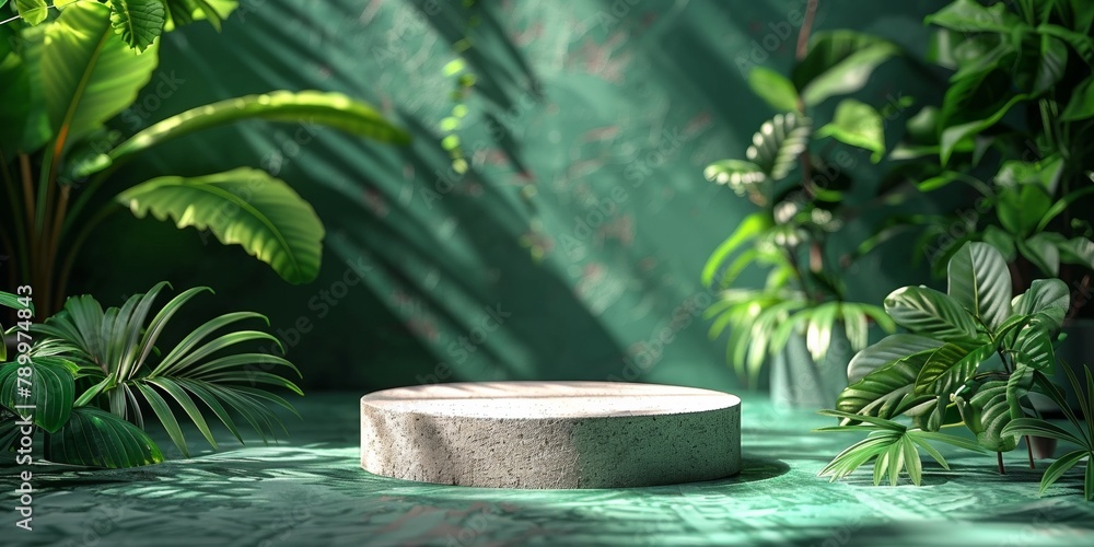 An empty stone podium surrounded with tropical leaves, creating a modern exhibition scene. An empty stone podium surrounded with tropical leaves, creating a modern exhibition scene.