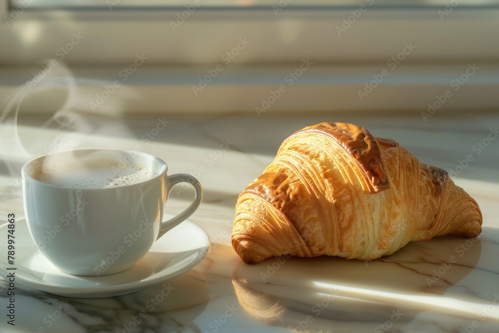 Cup of coffee and croissant on table in morning sunlight Cup of coffee and croissant on table in morning sunlight