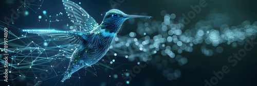 A hummingbird flying in the sky with the words hummingbird on the bottom,Realistic big hummingbirds ongradation blue neon background