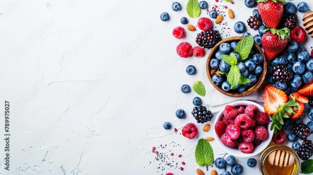 strawberries, blueberries, raspberries Mint leaves nearby Honey pot in frame - table top view ..Or, if you prefer strawberries, blueberries, raspberries Mint leaves nearby Honey pot in frame - table top view ..Or, if you prefer