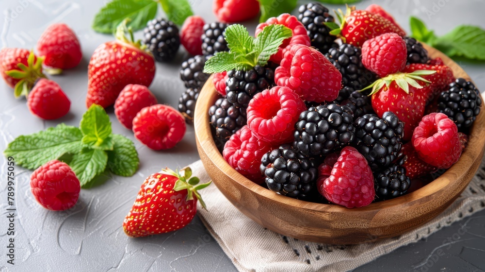 Obraz premium A white tablecloth holds a bowl of raspberries and blackberries, garnished with mint leaves Nearby, another wooden bowl displays more raspberries