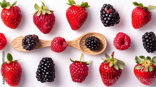  A line of strawberries and blackberries is arranged on a white backdrop, accompanied by a wooden spoon