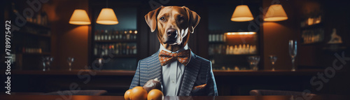 Dapper dog in a classy suit and eyeglasses, focusing on a golf ball, wellmanicured golf course, sunny day, lifestyle imagery