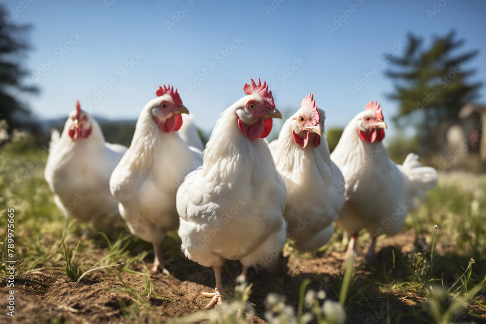 Fototapeta premium Portrait of chickens on a green grass meadow, bright sunny day, on a ranch in the village, rural surroundings on the background of spring nature