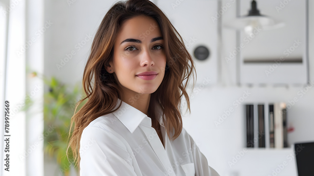 portrait of businesswoman in white interior office portrait of businesswoman in white interior office