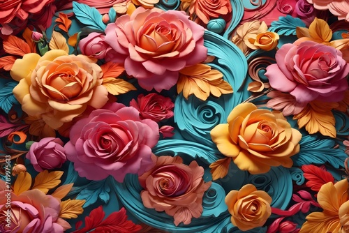 3D Colorful Rose Flower Background, 3D Rose Flower Wallpaper, Top view Rose Flower Pattern, Flowers Background, Floral Background, AI Generative