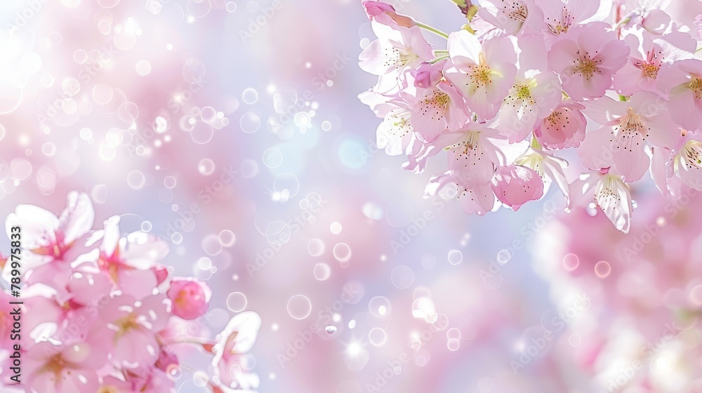   A tight shot of a tree laden with pink blossoms Background softly lit by backlight