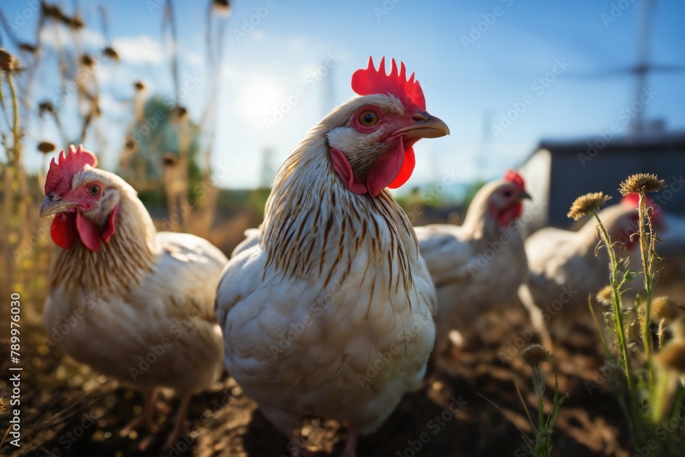 Portrait of chickens on a green grass meadow, bright sunny day, on a ranch in the village, rural surroundings on the background of spring nature