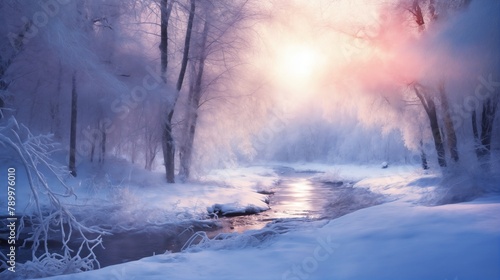 beautiful winter landscape, snow covered forest at sunset, sunlight and beautiful nature © soleg