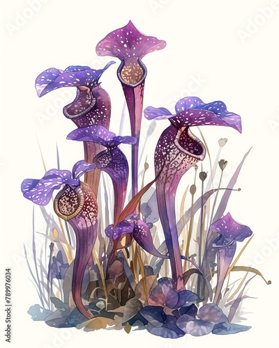 A detailed sketch of Purple Pitcher Plants Sarracenia purpurea in a Northern bog, moody purples and rich earth tones, vivid watercolor, white background, 100% isolate photo