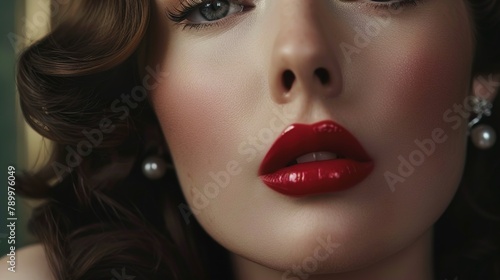 Wallpaper Mural a close-up shot capturing the timeless beauty of a mid-century woman with a flawless complexion, soft waves, and a classic red lip, evoking the glamour of the 1950s.  Torontodigital.ca