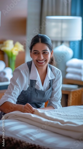Confident Indian hotel maid cleaning a room, Professional resort staff member, Vertical photography (9:16)
