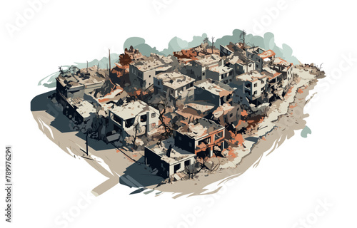 top view aerial shot of destroyed city isolated vector style with transparent background illustration