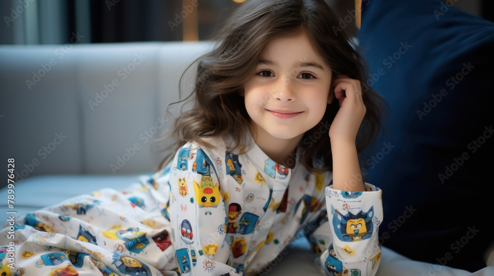 cute little girl in pajamas sitting on the bed