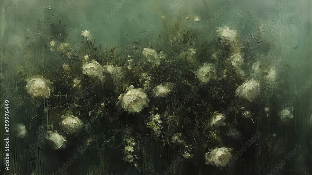   A painting of white flowers in abundance against a green backdrop, with an up-close arrangement of white blooms in the foreground