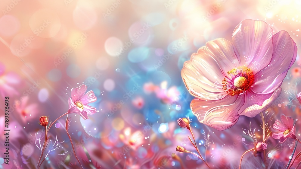 A pink bloom atop a sea of pink blossoms in a field, framed by a cerulean sky A pink bloom atop a sea of pink blossoms in a field, framed by a cerulean sky