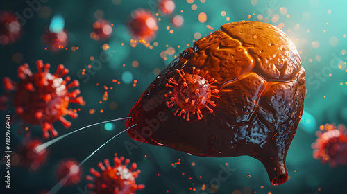 3d rendering of human liver and red white cells with virus illustration. vector concept for medical design on blue background 