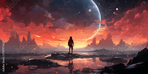 Traveler walks on a rock that floats in the sky, digital art style, illustration painting