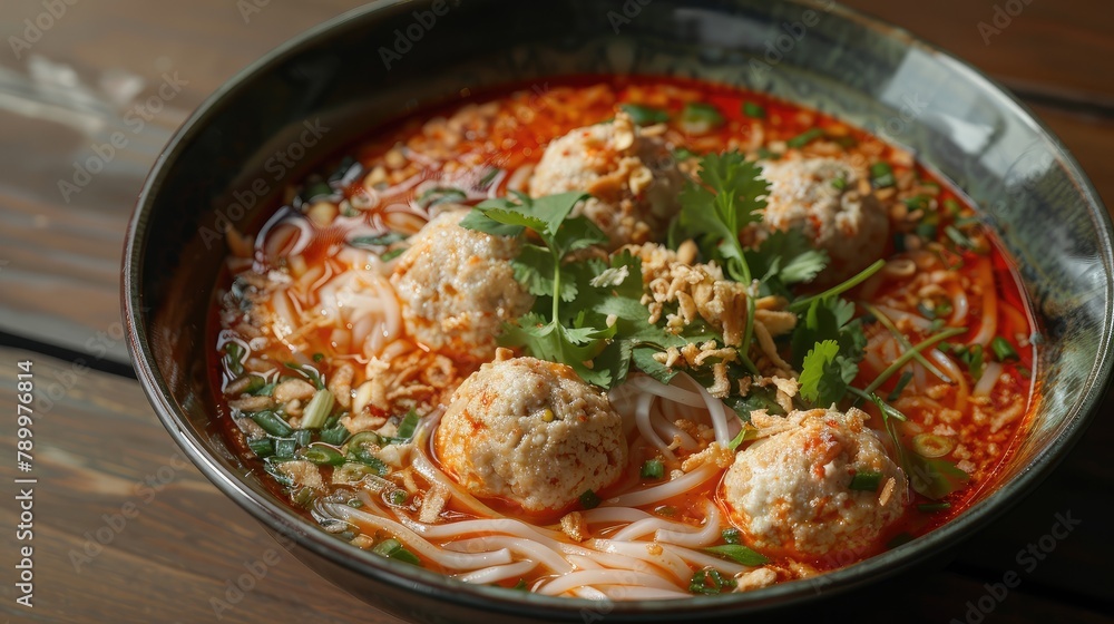 Bowl of spicy noodle soup with meatballs on wooden table