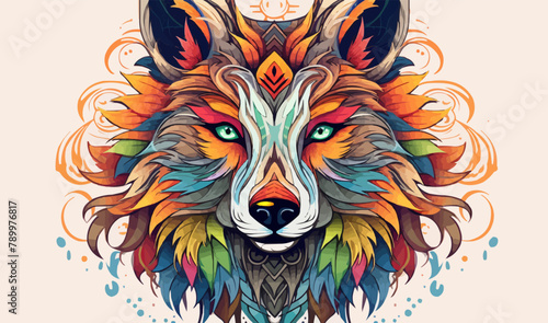 Tribal spirit animal wolf tshirt design colorful nature vector illustration
