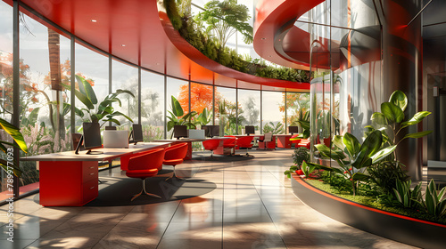 3D visualization of a sleek open plan office interior with a dynamic circle design and red furniture. The space boasts floor-to-ceiling windows. tiled flooring photo