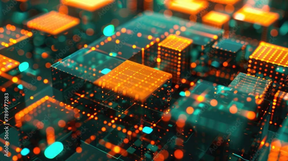 A group of yellow and green cubes in dynamic motion, creating an abstract background in digital technology