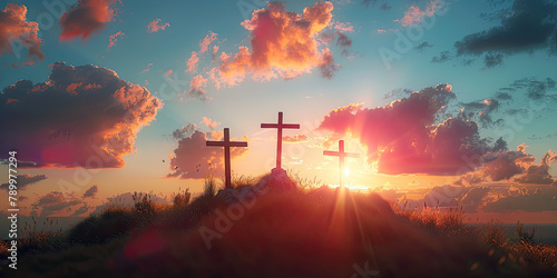Three crosses on the top of the mountain at sunrise