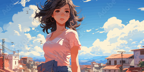 vector, illustration, anime, japanese, high school, girl, dance, cat, harbor, background, blue sky, clouds, japan vector flat bright colors