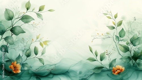 Watercolor background for wedding invitations with golden line art flower and botanical leaves. Abstract art background modern design.
