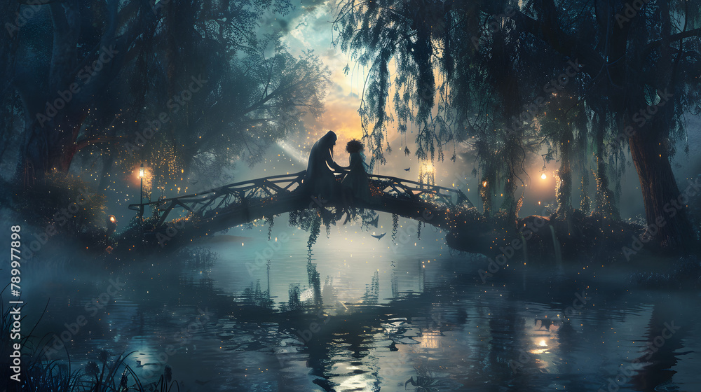 A beguiling tapestry of the wise maiden and her brownie pal. sitting on a bridge over an endless river glowing with moonbeams - obrazy, fototapety, plakaty 