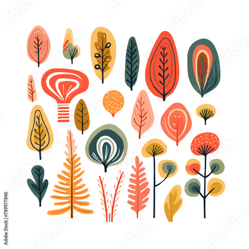 Abstract foliage collection. Botanical futuristic elements in flat style isolated on white background. Vector illustration