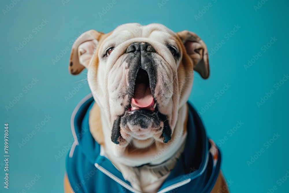 bulldog in a tracksuit on a blue background. strong emotions. speaks scream. generative ai