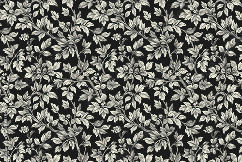 Wallpaper Mural Toile pattern tapestry. Arts and crafts. Monochrome botanical pattern background. Created with Generative AI technology Torontodigital.ca
