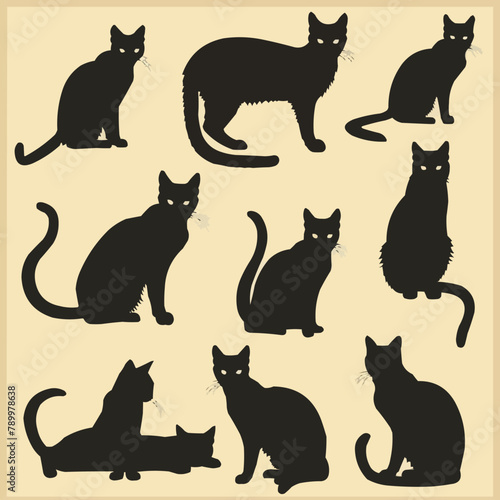 Collection of cat silhouettes in various poses isolated on background