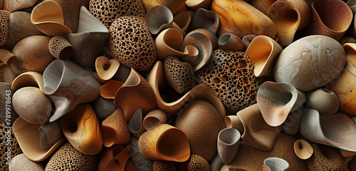 Brown and ochre 3D organic shapes mimic nature for eco-centric visual appeal.