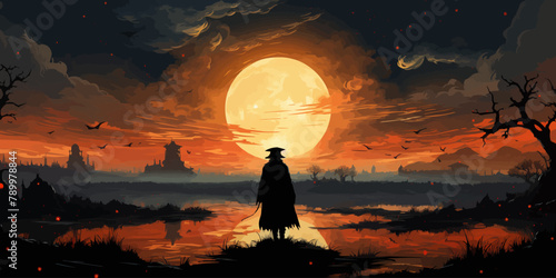 wizard of crows casting a spell in the mysterious field with solar eclipse, digital art style, illustration painting photo