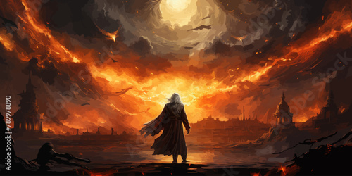 wizard summoning the phoenix from hell, digital art style, illustration painting