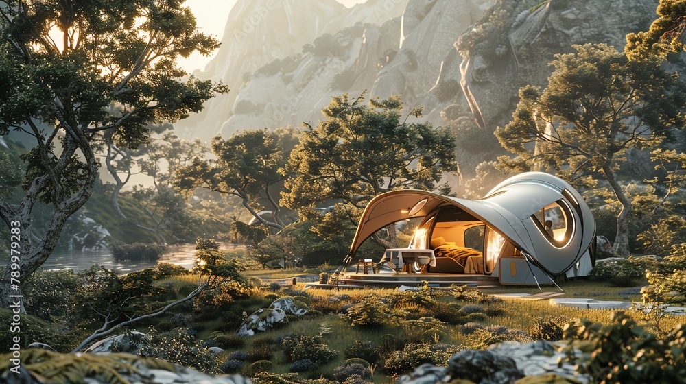 Bring together the unexpected marriage of Futuristic Technologies and Wilderness Camping in a panoramic setting Picture a futuristic campsite surrounded by nature, incorporating surprising camera pers - obrazy, fototapety, plakaty 