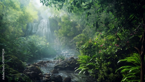 The beautiful green forest with waterfall.